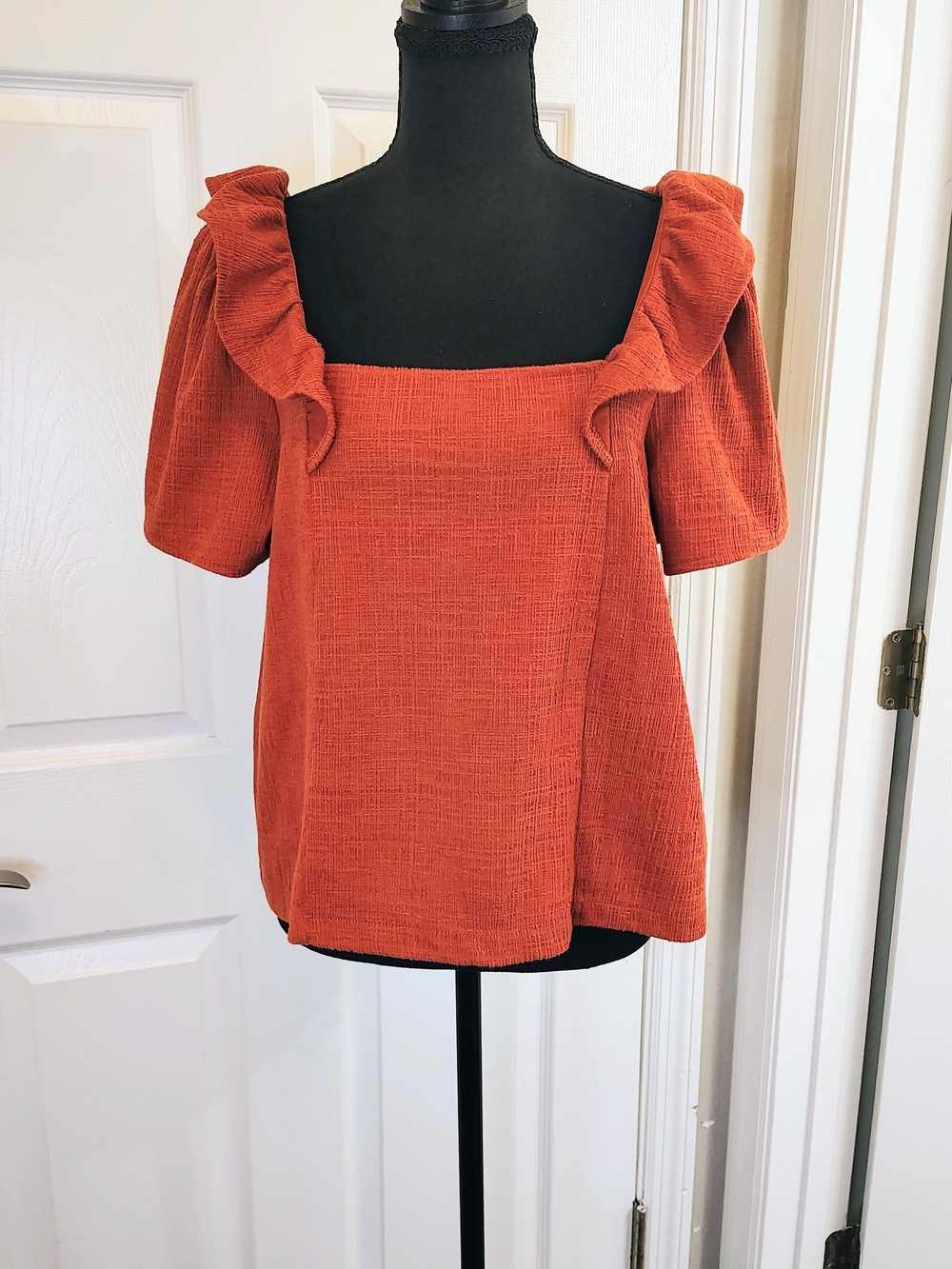 Madewell Crosshatch Ruffle Top Puff Sleeve Shoulder Orange Boho Coquette Large